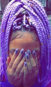 lavender box braids high ponytail